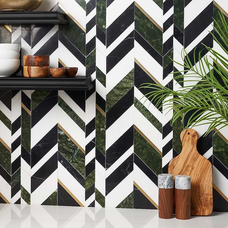 Amari Verde Green Jade Polished Marble and Brass Chevron Mosaic Tile