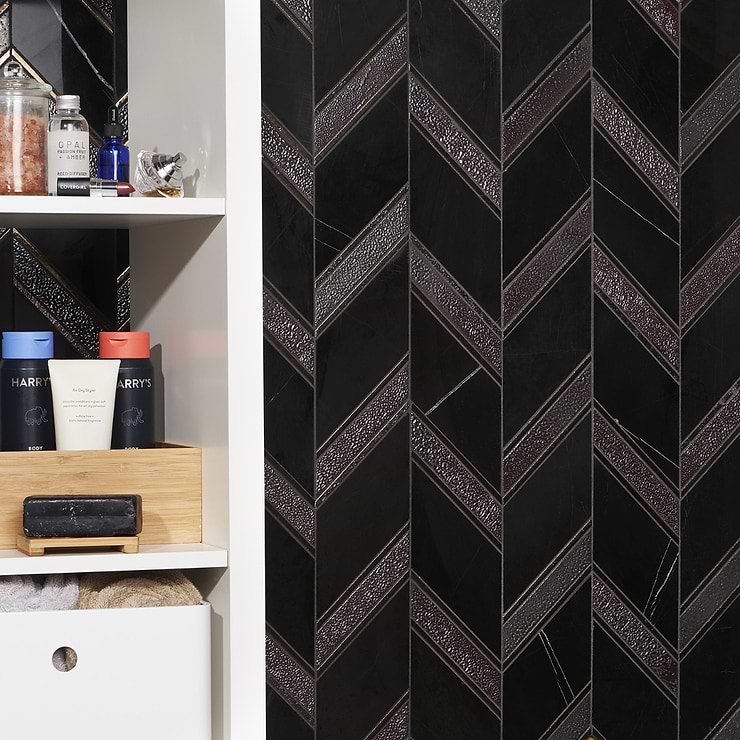 Magma Chevron Barcelona Nero Marquina Black and Iron Lava Stone Polished Mosaic Tile