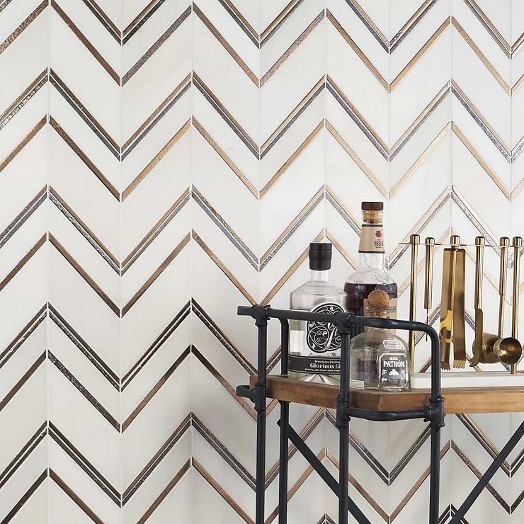 Magma Chevron Palermo White Marble and Bronze Lava Stone Polished Mosaic Tile