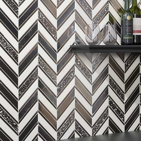 Magma Chevron Susa Bronze Black & White Asian Statuary Marble & Lava Stone Polished Mosaic Tile