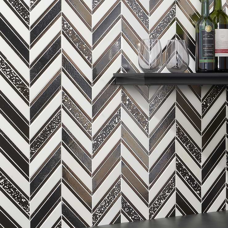 Magma Chevron Susa Bronze Black & White Asian Statuary Marble & Lava Stone Polished Mosaic Tile