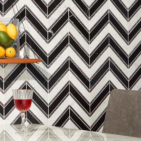 40 Sheet Scrap Lot: Magma Chevron Verona Black & White Marble & Lava Stone Polished Mosaic Tile