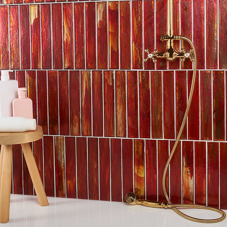 Komorebi Brick Bonfire Red 2x12 Polished Glass Subway Tile