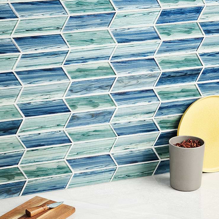 Maya Chevron Aqua Glass Mosaic Tile 
