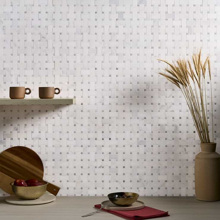 Trenza Basket Weave Asian Statuary & Silver Dot 1x2 Marble Tile