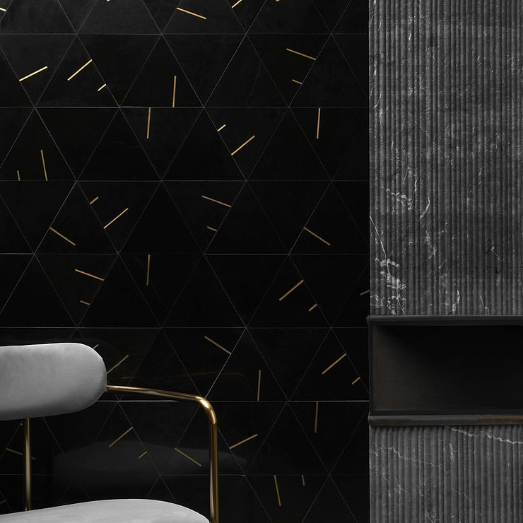 Ravi Nero Polished Marble and Brass 7x7 Mosaic Tile