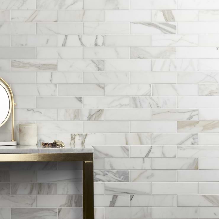 Calacatta White Gold 2x8 Honed Marble Subway Tile