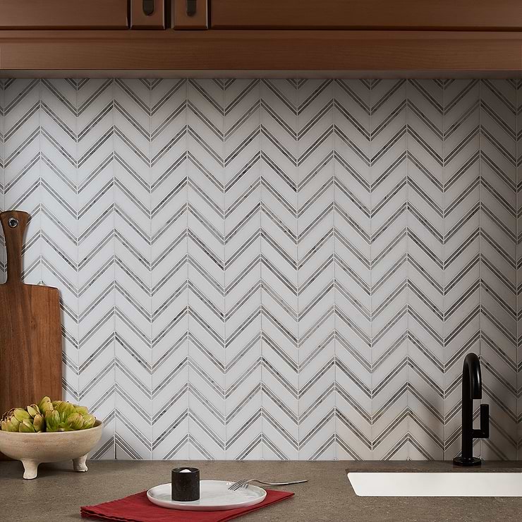 Monarch White Thassos With Carrara 1x4 Herringbone Polished Marble Tile