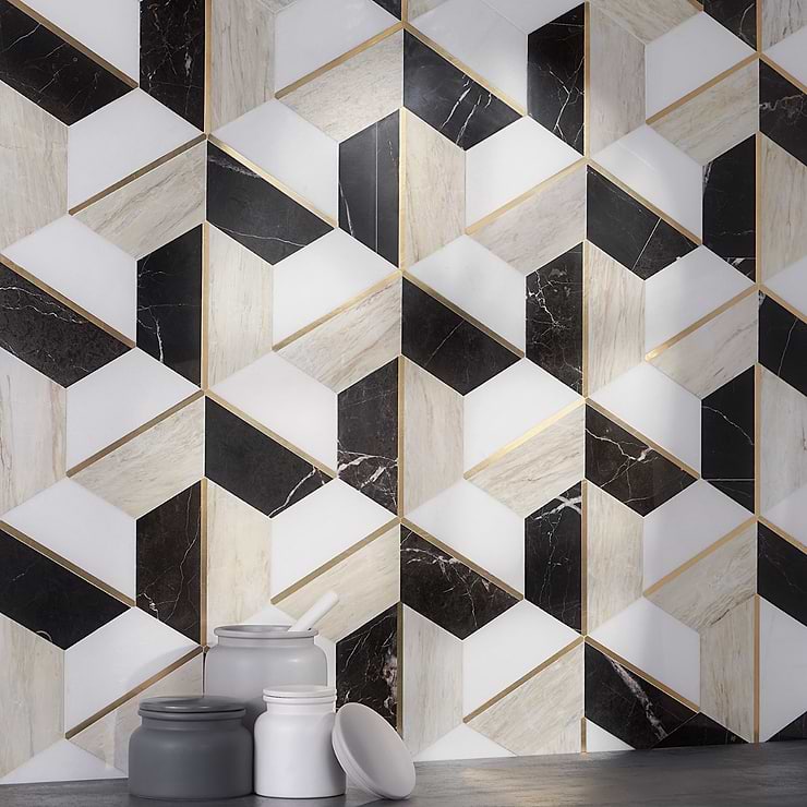 Decade Saint Laurent Beige Polished Marble and Brass Mosaic Tile