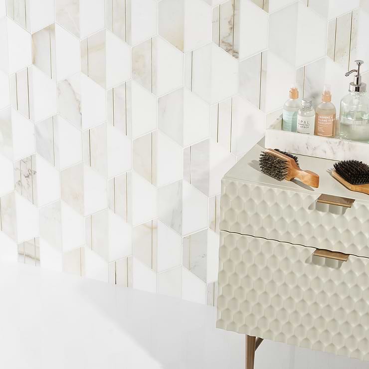 Fuse Bianco 6" Polished Marble and Brass Inlay Mosaic