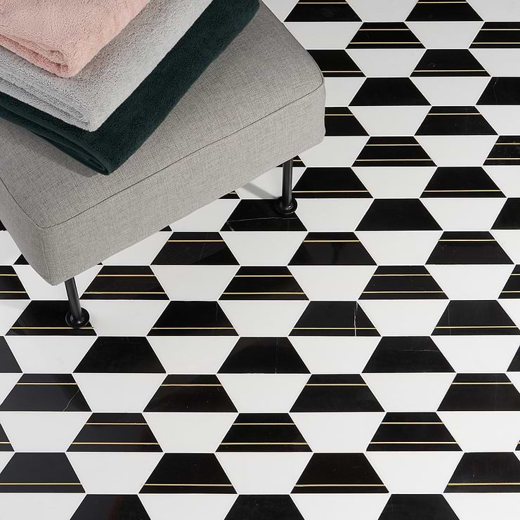Fuse Nero 6" Polished Marble and Brass Inlay Mosaic