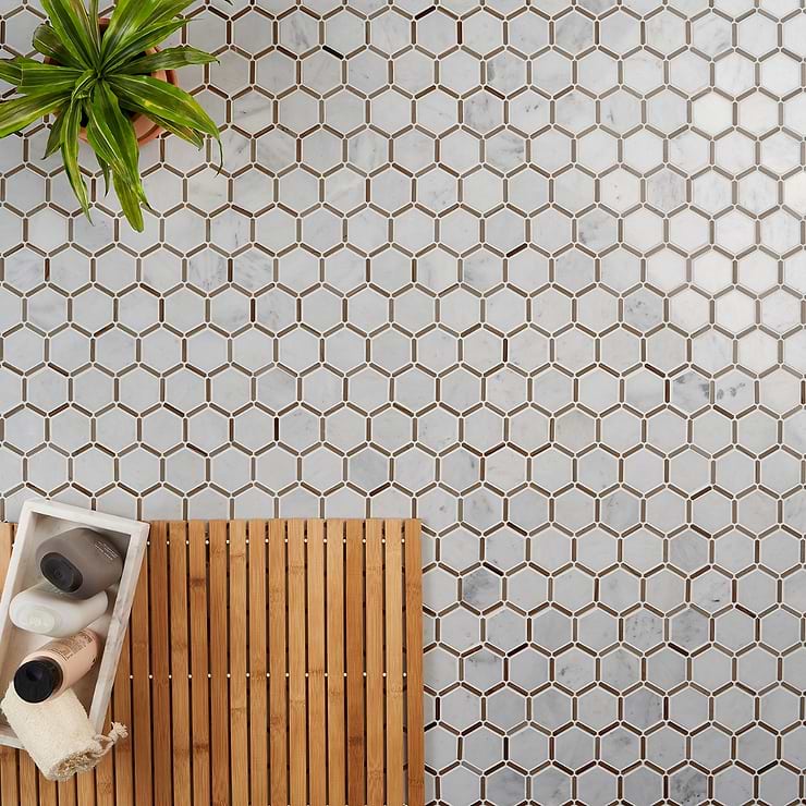 Florentine Asian Statuary & Athens White and Gray 2" Hexagon Polished Marble Mosaic Tile