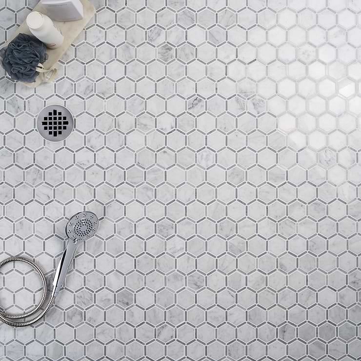 Florentine Carrara & Light Bardiglio Gray 2" Hexagon Polished Marble Mosaic Tile