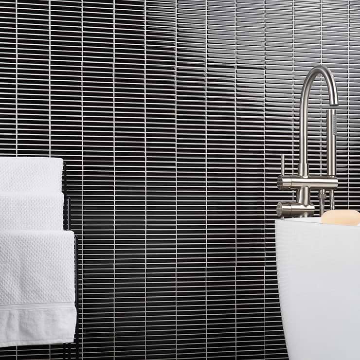 Kai Black 1x4" Tri-Stacked Glossy Porcelain Mosaic Tile