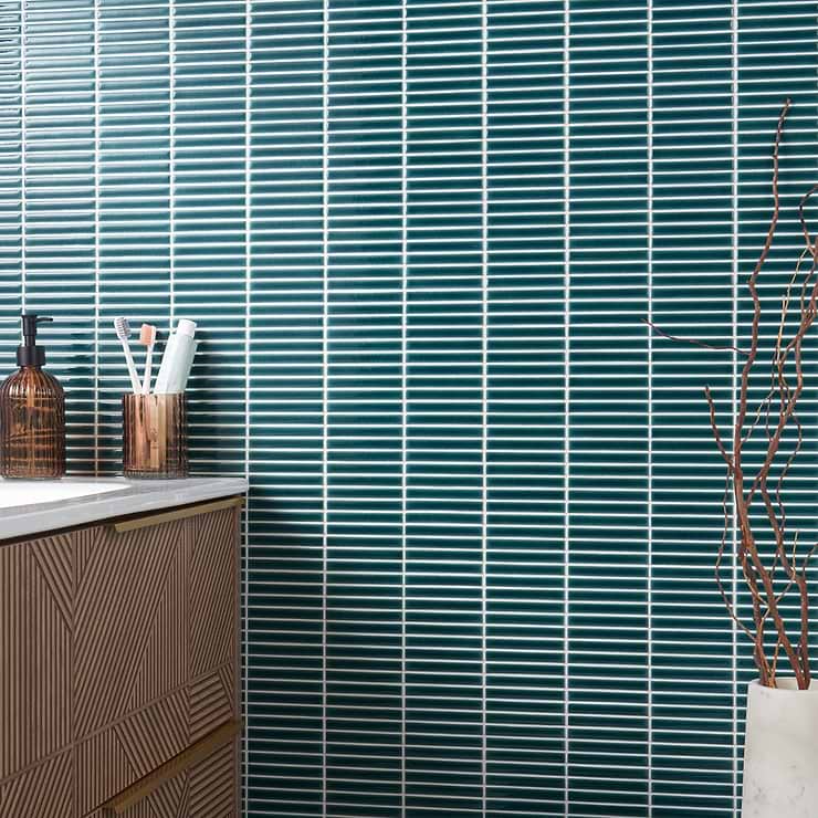 Kai Teal 1x4" Tri-Stacked Crackled Glossy Porcelain Mosaic Tile
