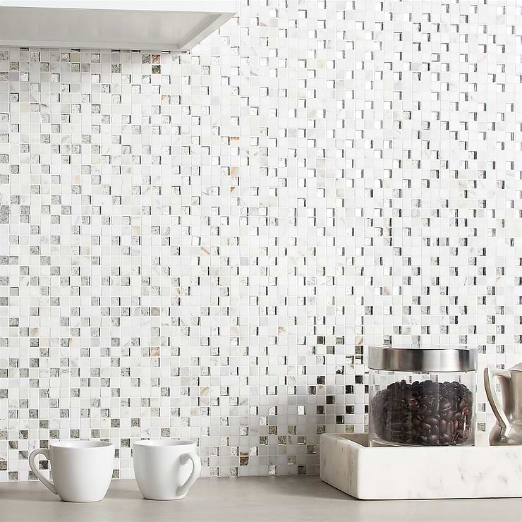 Kelli Ellis Soli White 1x1 Marble & Mirror Polished Mosaic Tile