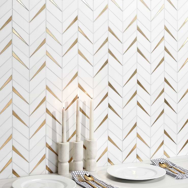 Vara Thassos Polished Marble and Brass Mosaic Tile