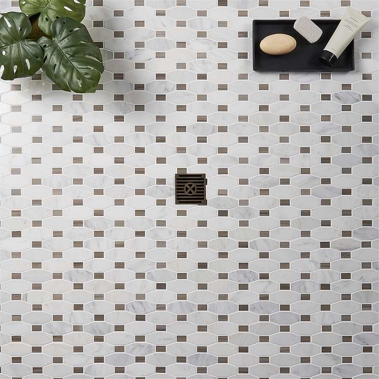 Octave Asian Statuary & Athens Gray 2x4 Marble Polished Mosaic Tile