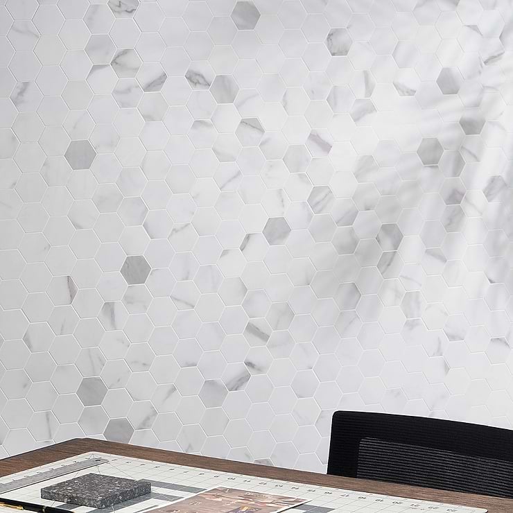 Calacatta White 2" Hexagon Peel & Stick Self Adhesive Marble Look Matte Mosaic Wall Tile