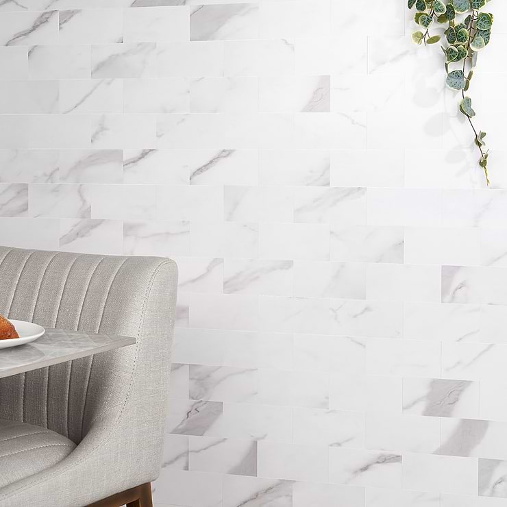 Calacatta LPS White 3x6 Brick Seamless Solid Core Peel & Stick Self Adhesive Marble Look Matte Tile