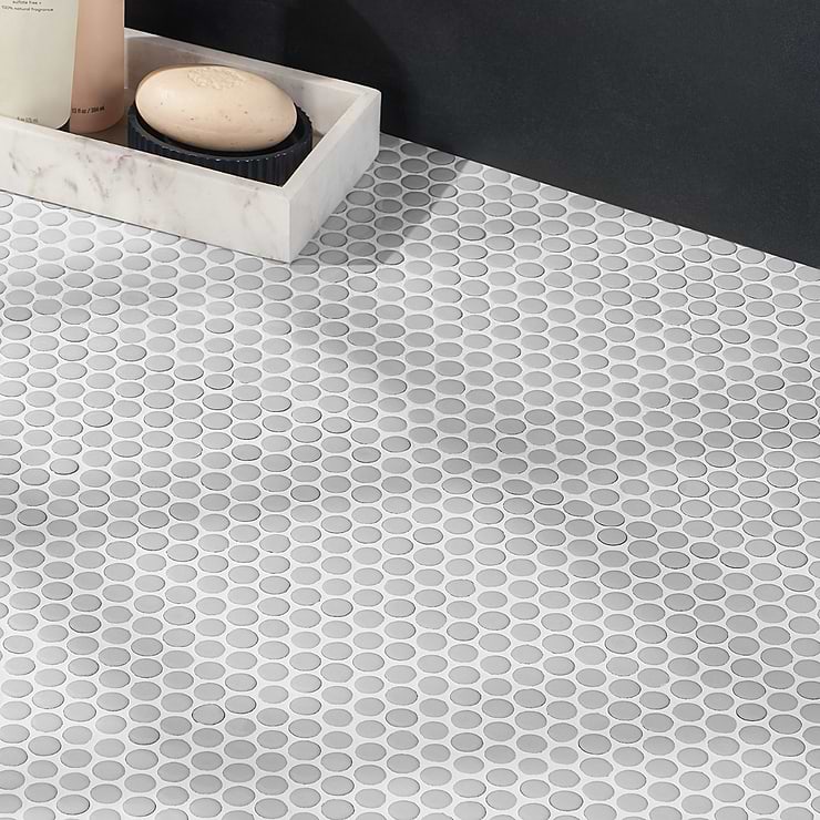Eden Antiguan Sky Gray Rimmed 1" Penny Round Polished Porcelain Mosaic