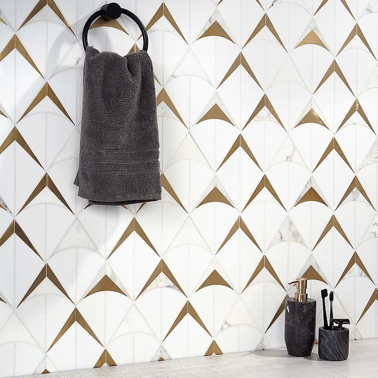 Regis Bianco Waterjet Polished Marble Mosaic Tile- White and Brass