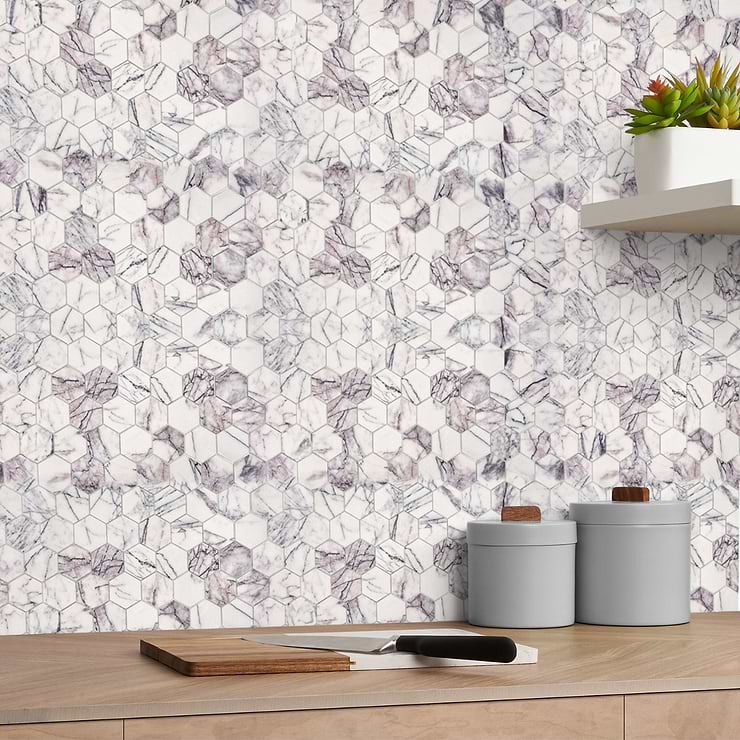 Lilac White 3" Hexagon Honed Marble Mosaic