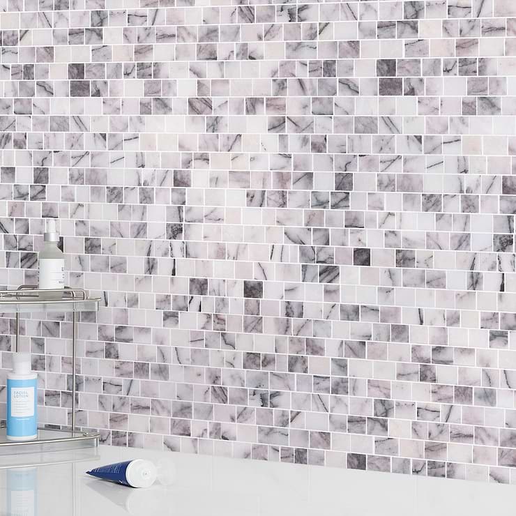 Lilac White Micro Cracked Joint Honed Marble Mosaic