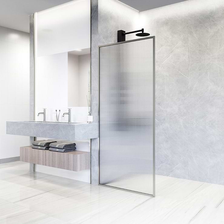 Finestra 34x74" Reversible Fixed Shower Door with Fluted Glass in Stainless Steel