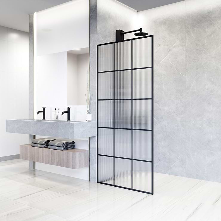 Finestra 34x74" Reversible Fixed Shower Door with Grid Fluted Glass in Matte Black