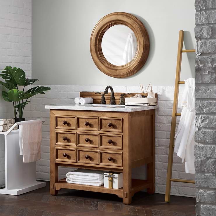 James Martin Vanities Malibu 36" Honey Alder Vanity and Carrara Marble Counter