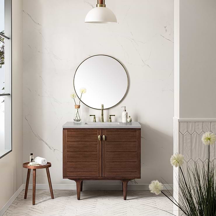 James Martin Vanities Amberly Mid-Century Walnut 36" Single Vanity with Eternal Serena Quartz Top
