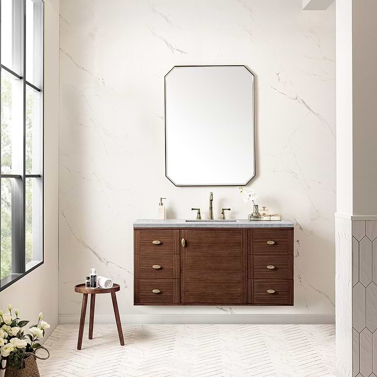 James Martin Vanities Amberly Mid-Century Walnut 48" Single Vanity with Carrara Marble Top