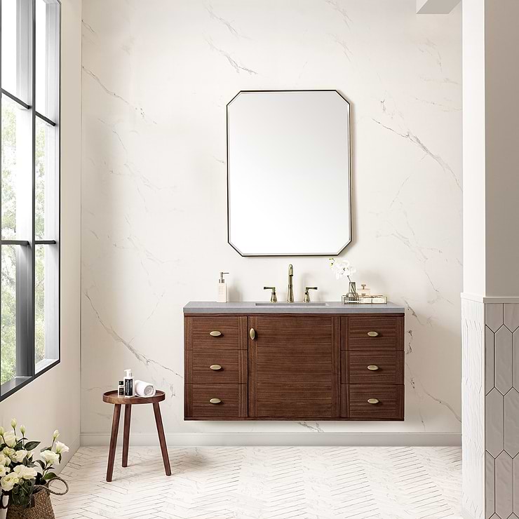 James Martin Vanities Amberly Mid-Century Walnut 48" Single Vanity with Eternal Serena Quartz Top