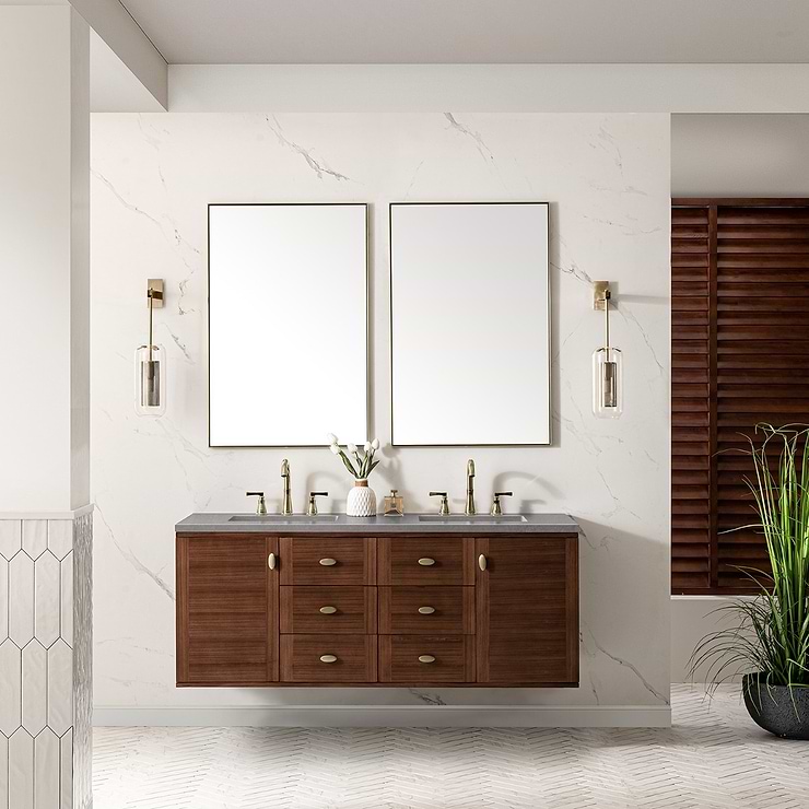 James Martin Vanities Amberly Mid-Century Walnut 60" Double Vanity with Eternal Serena Quartz Top