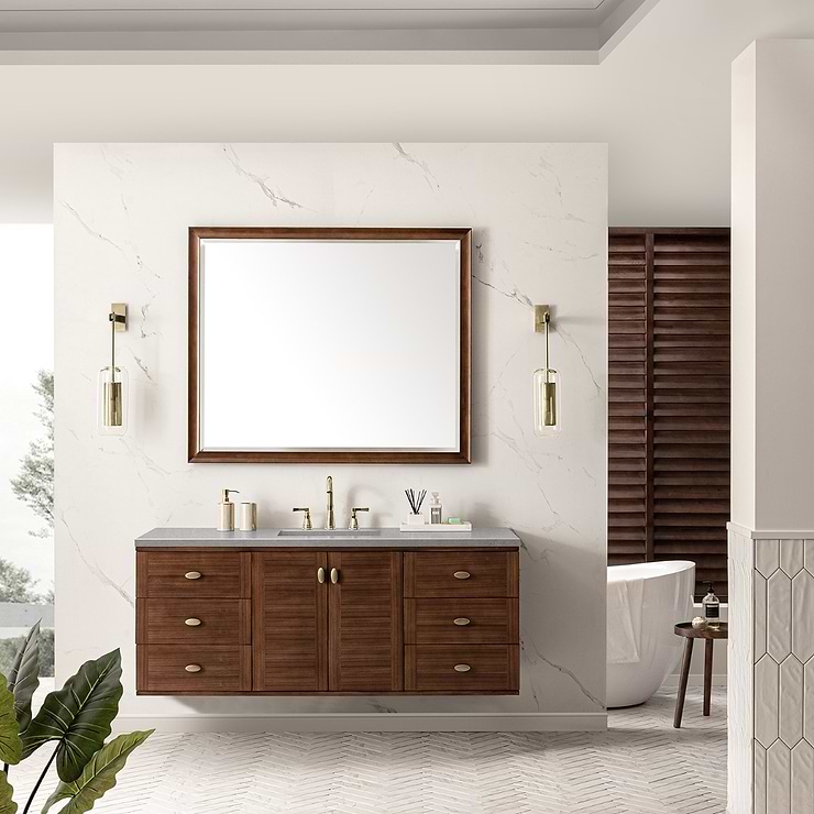 James Martin Vanities Amberly Mid-Century Walnut 60" Single Vanity with Eternal Serena Quartz Top