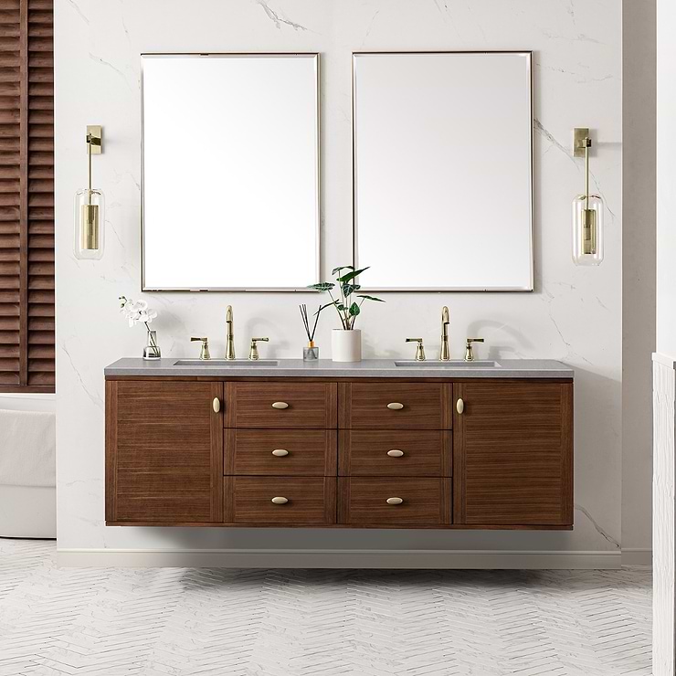 James Martin Vanities Amberly Mid-Century Walnut 72" Double Vanity with Eternal Serena Quartz Top