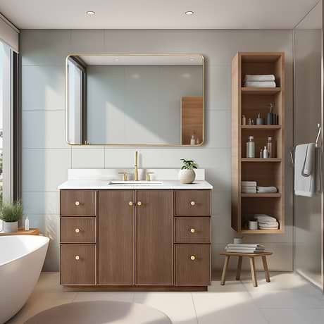 Florencia Brown Oak 48" Single Vanity with Pacific White Quartz Top