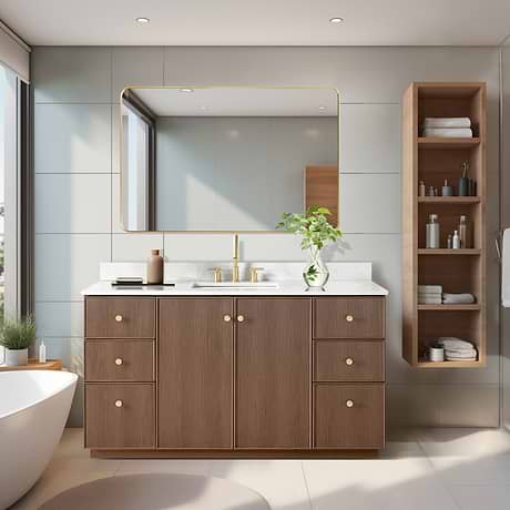 Florencia Brown Oak 60" Single Vanity with Pacific White Quartz Top