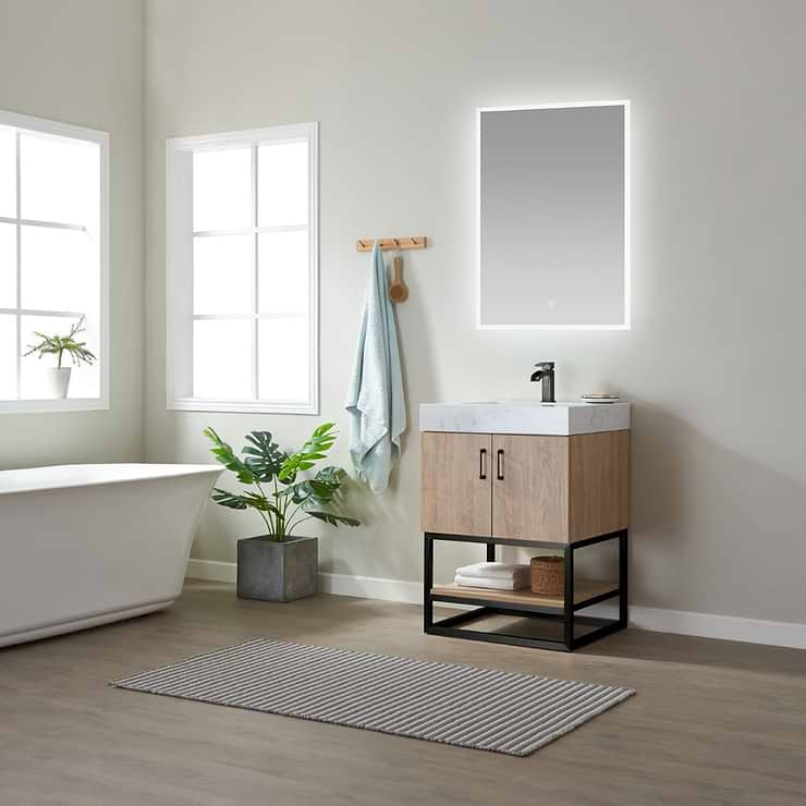 Ithica White Oak 24" Single Vanity and Black Hardware with Atlantic Stone Top