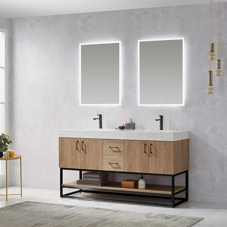 Ithica White Oak 60" Double Vanity and Black Hardware with Atlantic Stone Top