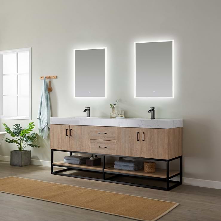 Ithica White Oak 72" Double Vanity and Black Hardware with Atlantic Stone Top