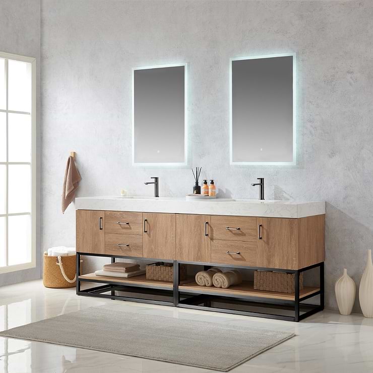 Ithica White Oak 84" Double Vanity and Black Hardware with Atlantic Stone Top
