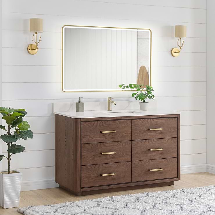 Genora Brown Oak 55" Single Vanity with Pacific White Quartz Top