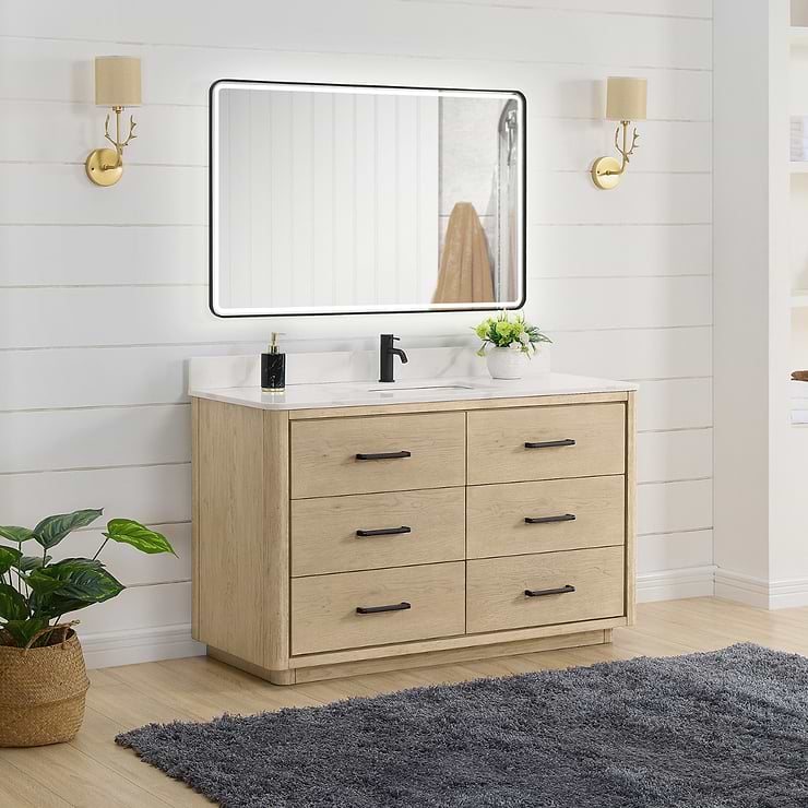 Genora Blonde Oak 55" Single Vanity with Pacific White Quartz Top
