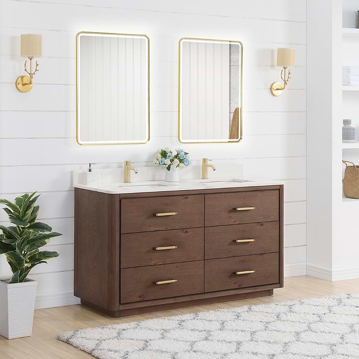 Genora Brown Oak 60" Double Vanity with Pacific White Quartz Top