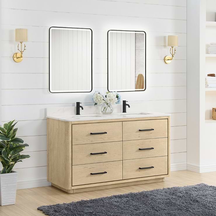 Genora Blonde Oak 60" Double Vanity with Pacific White Quartz Top