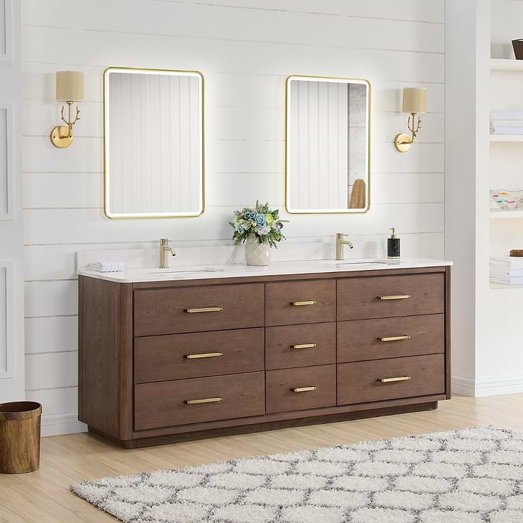Genora Brown Oak 84" Double Vanity with Pacific White Quartz Top
