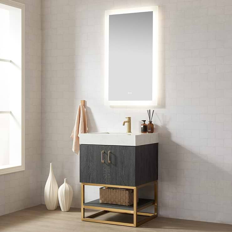 Ithica Black Oak 24" Single Vanity and Gold Hardware with Atlantic Stone Top