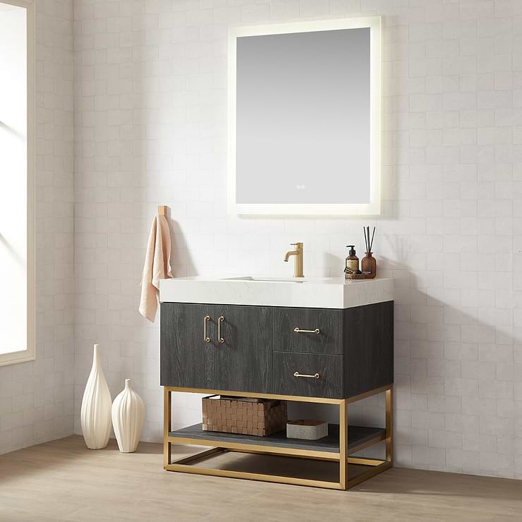 Ithica Black Oak 36" Single Vanity and Gold Hardware with Atlantic Stone Top